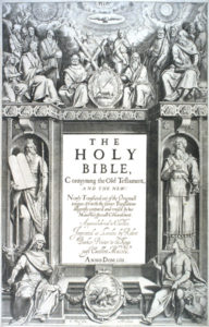 The frontispiece to the original 1611 King James Bible shows the Twelve Apostles at the top, with Moses and Aaron flanking the central text. In the four corners are evangelists Matthew, Mark, Luke and John.  RNS file photo