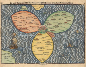 A stylized map of the world with Jerusalem at its center. Jews accord Jerusalem as the holiest of cities. Original woodcut by Bunting