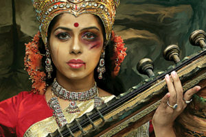 The goddess Saraswati holds her Veena with a bruised face. RNS image courtesy HindustanTimes.com